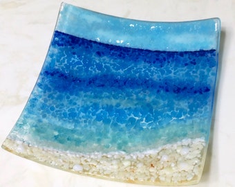 Fused Glass Beach Plate, Turquoise Blue Sea Glass Dish, Ocean Glass Art, Mother's Day Gift, Beach Jewelry Keeper, Ocean Soap Dish