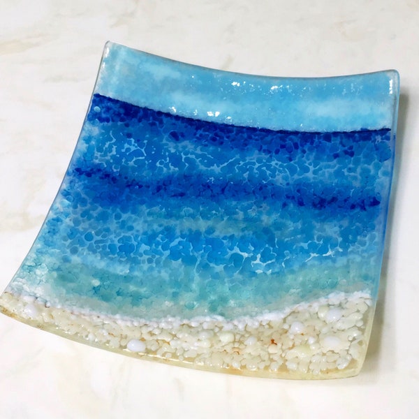 Fused Glass Beach Plate, Turquoise Blue Sea Glass Dish, Ocean Glass Art, Mother's Day Gift, Beach Jewelry Keeper, Ocean Soap Dish