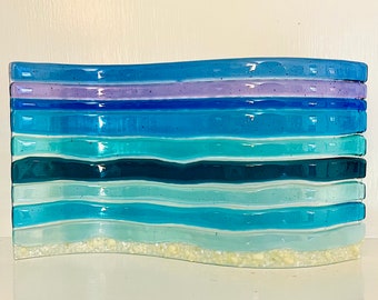 Beach Glass Art, Free Standing Glass Wave Art, Fused Glass Ocean Wave