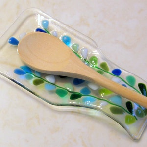 Glass Spoon Rest, Modern Fused Glass, Blooming Branches in Blue, Turquoise, Mint, White, Mother&#39;s Day Gift, Kitchen Decor