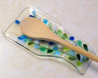 Glass Spoon Rest, Modern Fused Glass, Blooming Branches in Blue, Turquoise, Mint, White, Mother's Day Gift, Kitchen Decor