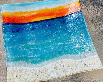 Fused Glass Beach Sunset Plate, Glass Ocean Wave Platter, Turquoise Blue Sea Glass Serving Dish, Beach Sunset Glass Art