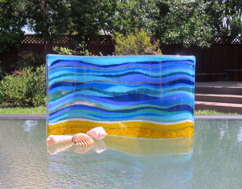 Beach Glass Art Free Standing Glass Wave Art Turquoise Sea Etsy