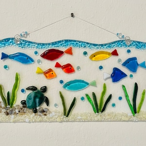 Fused Glass Ocean Wave Art, Sea Turtle Suncather, Glass Fish, Underwater Marine Life, Beach House Decor