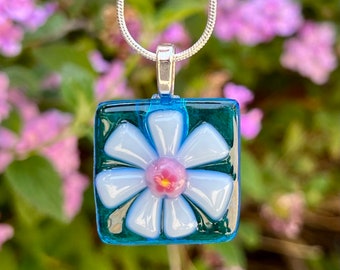 Fused Glass Flower Necklace, Glass Millefiori Pendant, Valentine's Day Floral Necklace, Mothers Day Love Gift