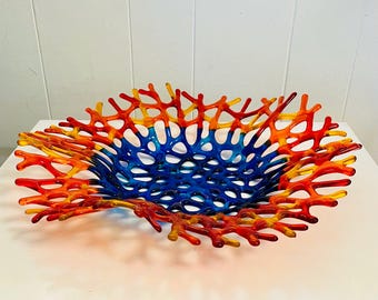 Fused Glass Coral Bowl, Sunset Ocean Ruffle Bowl, Beach Decor