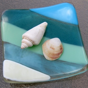 Prato de praia de vidro fundido, azul turquesa, verde menta, baunilha francesa, porta-joias de vidro marinho, porta-saquinhos de chá de areia de praia