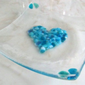 Fused Glass Plate, Valentines Soap Dish, Glass Turquoise Blue Heart, Mother's Day Gift, Valentine's Day image 3