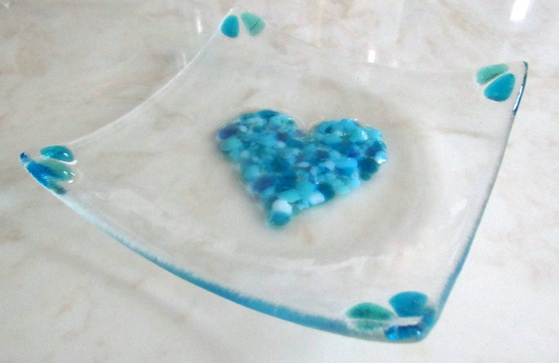 Fused Glass Plate, Valentines Soap Dish, Glass Turquoise Blue Heart, Mother's Day Gift, Valentine's Day image 3