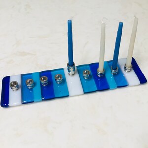 Hanukkah Menorah, Fused Glass Blue and White Menorah, Hanukkah Gift, Ocean Beach, Bar Bat Mitzvah Gift, Kids Menorah, Children Menorah