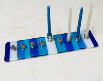 Hanukkah Menorah, Fused Glass Blue and White Menorah, Hanukkah Gift, Ocean Beach, Bar Bat Mitzvah Gift, Kids Menorah, Children Menorah