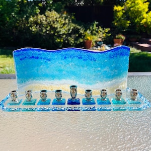 Fused Glass Hanukkah Menorah, Beach Ocean Wave Design