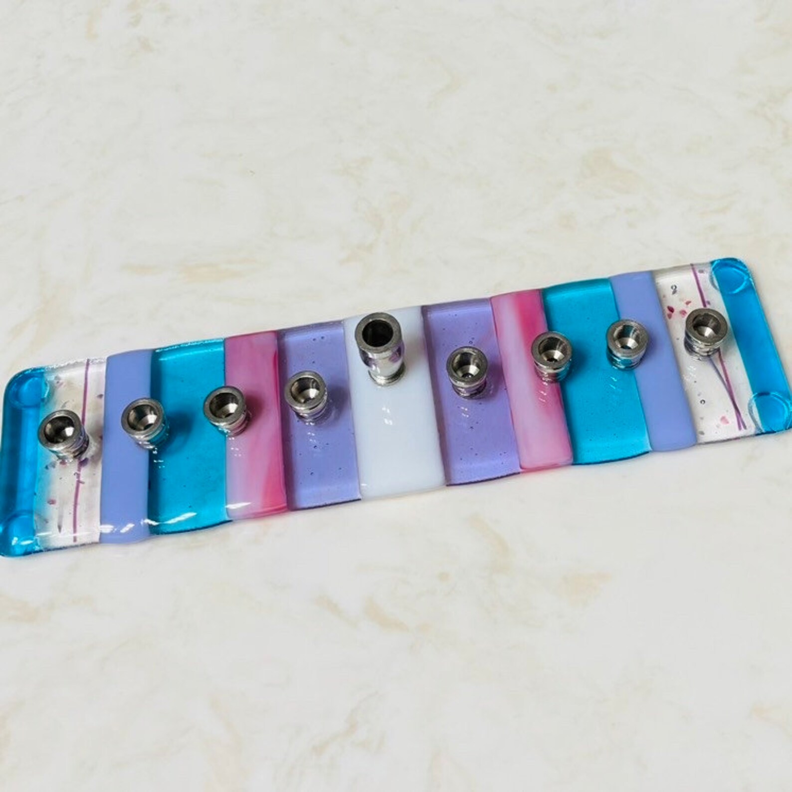 Fused Glass Hanukkah Menorah: Pink, Turquoise, and Purple