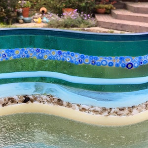 Beach Glass Art, Free Standing Glass Wave Art, Rocks and Bubbles by the Beach, Handmade Glass Murrini, Windowsill Art, Beach House Decor