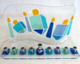 Hanukkah Dreidels Menorah, Blue Hanukkah Candles, Fused Glass Menorah, Jewish Wedding Gift, Bar Bat Mitzvah Gift