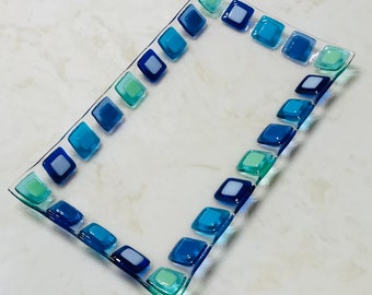 Fused Glass Plate, Turquoise Beach Platter, Ocean Beach Squares, Modern Serving Dish