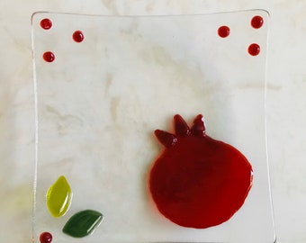 Fused Glass Plate, Red Pomegranate Glass, Rosh Hashanah, Judaica Gift, Jewish Wedding Glass Gift, Rimon