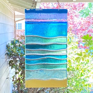 Fused Glass Beach Window Panel, Glass Ocean Waves Wall Decor, Turquoise Sea Glass Art, Beach Bathroom Window Picture