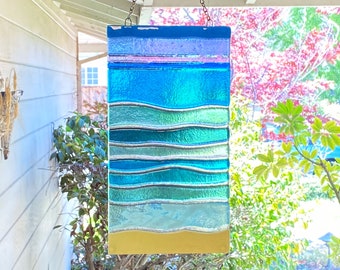 Fused Glass Beach Window Panel, Glass Ocean Waves Wall Decor, Turquoise Sea Glass Art, Beach Bathroom Window Picture