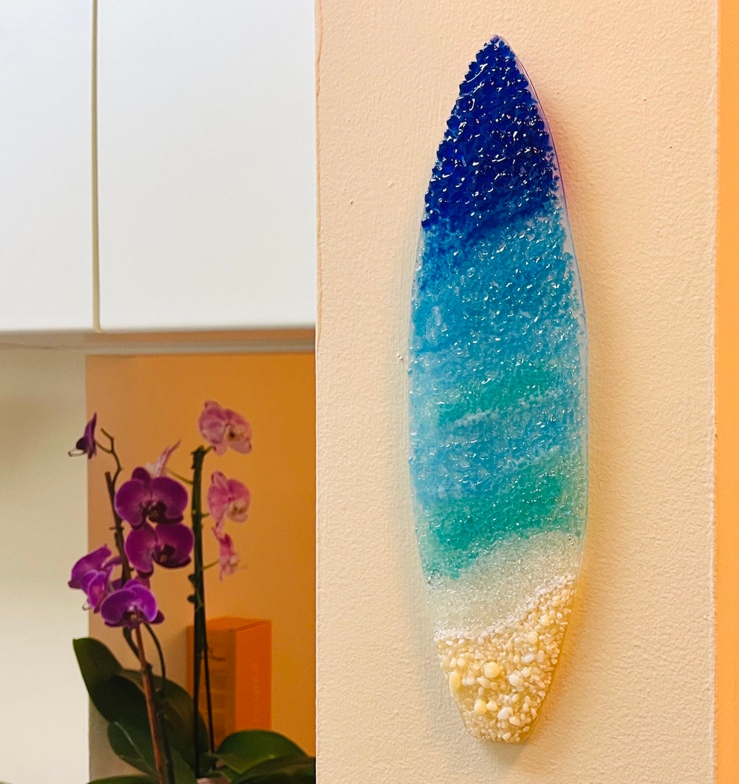 Fused Glass Beach Surfboard Wall Decor, Blue Ocean Surfing, Surfboard