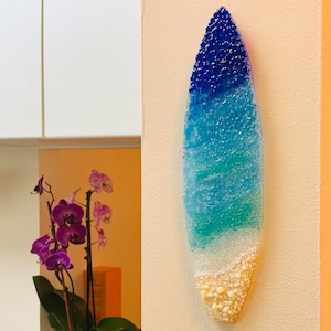 Fused Glass Beach Surfboard Wall Decor, Blue Ocean Surfing, Surfboard Wall Hanging, Ocean Waves Glass Art
