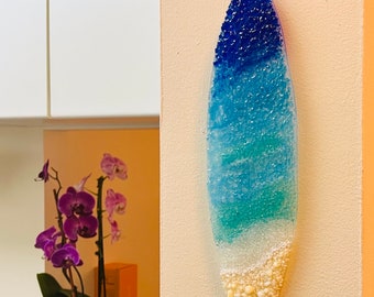 Fused Glass Beach Surfboard Wall Decor, Blue Ocean Surfing, Surfboard Wall Hanging, Ocean Waves Glass Art