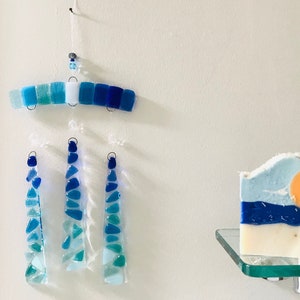 Fused Glass Windchime, Ocean Beach Waves Glass Mobile, Turquoise Blue Sea Suncatcher, Glass Wall Hanging, Garden Art, Mosaic Decor