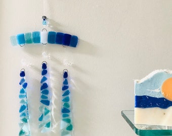 Fused Glass Windchime, Ocean Beach Waves Glass Mobile, Turquoise Blue Sea Suncatcher, Glass Wall Hanging, Garden Art, Mosaic Decor