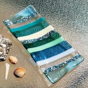Fused Glass Beach Plate, Ocean Tides, Rock Beach Art, Sea Glass Jewelry Holder, Ocean Waves, Spoon Rest, Sushi Dish, Beach Condo Decor