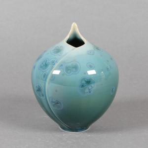 May include: A teal-colored ceramic vase with a unique, organic shape. The vase has a bulbous body with a pointed top and a narrow opening. The surface features a crystalline pattern, adding texture and visual interest. A decorative piece for the home.