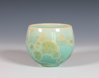 Japanese Style Teacup: Emerald Green Crystalline Glaze on Porcelain