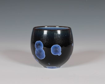 Japanese Style Teacup: Blue Black Crystalline Glaze on Porcelain