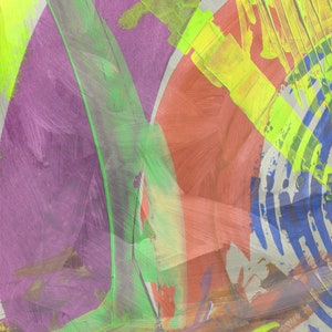 May include: Abstract painting with overlapping layers of green, yellow, purple, and red paint. The colors are vibrant and create a sense of movement and energy.