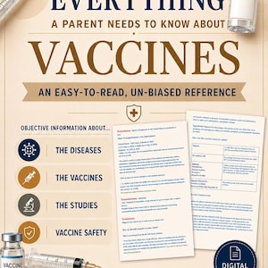 May include: An informational poster titled Everything A Parent Needs To Know About Vaccines, featuring a syringe and vaccine vial at the top and bottom. It includes sections on diseases, vaccines, studies, and safety, with a digital PDF icon.