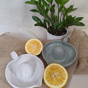 May include: Two ceramic citrus juicers, one white and one gray, with a handle and a reamer. Two halves of a sliced lemon are next to the juicers. A potted plant is in the background. The juicers are on a burlap surface.