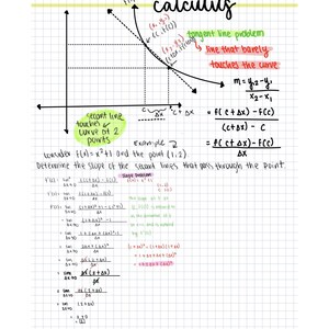 Puede incluir: Una hoja de estudio de cálculo escrita a mano sobre papel cuadriculado. El título "calculus" está en la parte superior, con diagramas de líneas y curvas. Las ecuaciones y los ejemplos están escritos con tinta negra, con algunas anotaciones en verde y rosa.