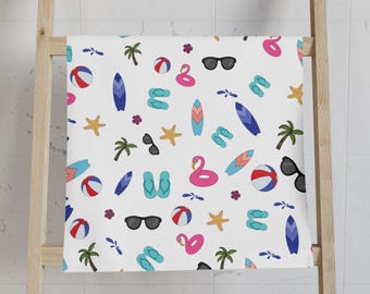 Toalla de mano con estampado de iconos de playa / Gafas de sol, chanclas, tablas de surf
