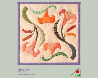 Tiger Lily Hand Appliqued Art Quilt - Vintage Floral Textile, Wall Hanging, 90-39S