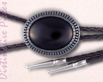 Black Onyx with Hematine Bolo Tie - Men's Black Bolo, Western Bolo Tie, Women's Bolo Jewelry, SW Bolo Tie, Traditional Black Bolo, BO3040067