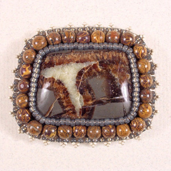 Septarian Jasper Brooch with Elephant Hair Beads - Beadwork Brooch, Large Stone Pin, Brown Gray Brooch, Big Brooch, Statement Pin, PM4055002