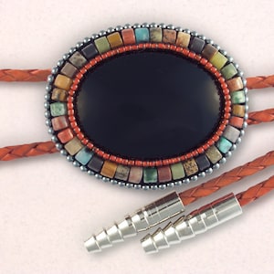 Black Onxy Bolo Tie w/ Multi Colored Gemstones + Hematine - Man or Woman&#39;s Bolo, New Mexico Bolo Tie, Beaded Bolo, Beadwork Bolo, BO3040094