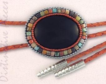 Black Onyx Bolo Tie - Multi Gemstone Beaded Edge, Red Leather Cord, Western Neckwear, BO3040094