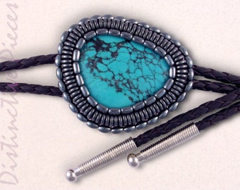 Turquoise with Hematine Bolo Tie - Southwest Style Jewelry, Vintage Pawn Look, Made in NewMexico, Cowgirl Gift, Men's Bolo Tie, BM23442111