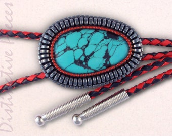 Turquoise with Hematine Bolo Tie - Western Style Bolo Tie, Women's Beaded Bolo, Cowboy Bolo, Men's Bolo Tie, Black & Red Bolo, BM2543109