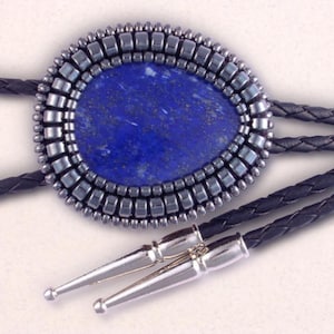 Lapis Lazuli w/Hematine Bolo Tie - Men or Women&#39;s Bolo, Western Style, Bead Bolo, Bead Embroidered Bolo, Blue and Silver Bolo Tie, BM3040106