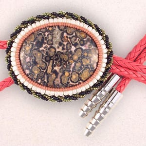 Leopard Stone Jasper & Pearl Bolo Tie - Beaded Bolo Necklace, Black/Pink Bolo Tie, Women&#39;s Western Bolo, Santa Fe Style Jewelry, BO3040009