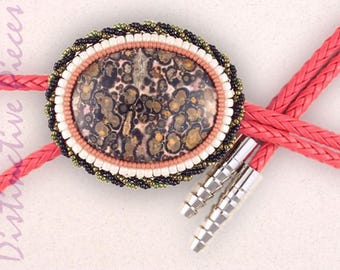 Leopard Jasper Bolo Tie – Azalea Pink Braided Cord, Beaded Western Necklace, BO3040009