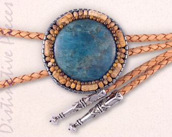 Apatite w/Picture Jasper Bolo Tie - Tiger Eye & Hematine Beading, Turquoise Color Stone, BR0038101