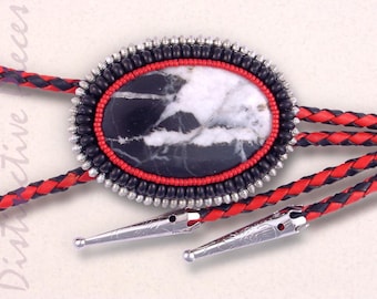 African Agate Bolo Tie - Black+White Stone, Red/Black Leather Cord, Western Neckwear, BO2742114