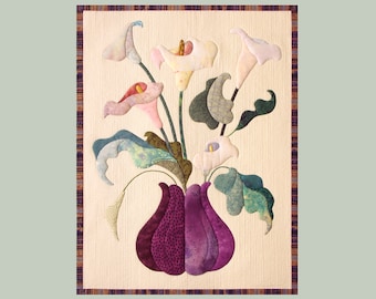 Calla Lily Vase Art Quilt - Floral Textile Wall Hanging, Fiber Art Decor, 99-18S